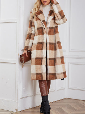 Airchics longue manteau en fausse fourrure carreaux avec poches col revers femme casual mode